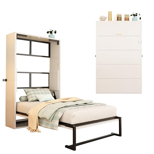 Azkoeesy Cama desplegable mural individual 90 x 200 cm con estructura metálica y láminas de madera, cama plegable multifuncional con fijación bloqueable, diseño ahorra espacio (blanco)