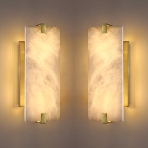 Image of 13.7 inch Natural Square Alabaster Marble Modern Concise 2 Pack 2 Light Wall Sconce Fixture,Brushed Bronze Finish for Bathroom Bedroom Hallway Bedside Staircase Vanity Mirror