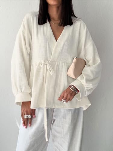 Women Cotton Linen Long Sleeve Solid V Neck Tied Tops Minimalist Loose Fit Breathable Casual Blouse2
