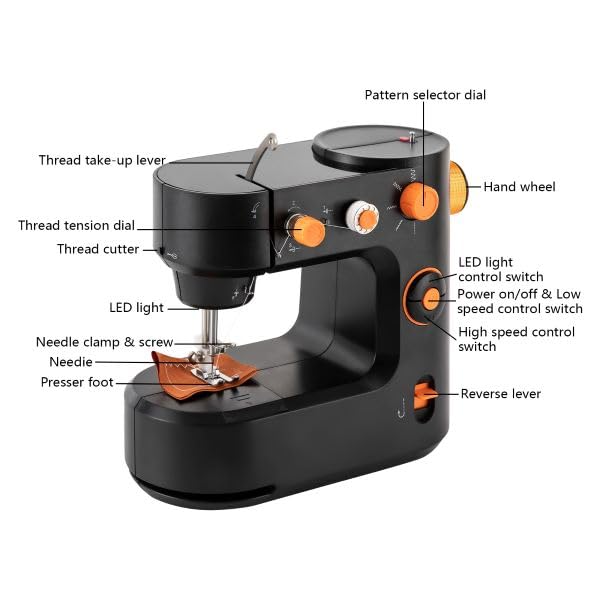 máquina de coser eléctrica para principiantes con 5 programas de costura LED modo de funcionamiento, pedal, corte portátil, mini máquina de coser para ropa, pantalones (negro)