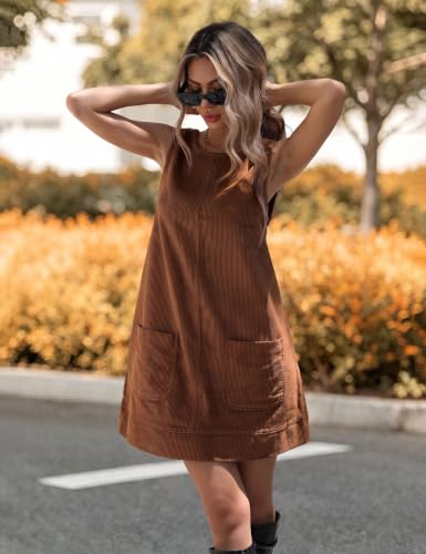 Image of Hooever Women's Corduroy Overall Dress Round Neck A Line Skirtall Jumper Mini Dress Pinafore with Pockets