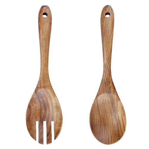 JINJUMEI 2 Piezas Servidores de Ensalada de Madera Cubiertos de Ensalada Set, Natural Madera de Acacia Ensalada Mezclador Tenedor Cuchara Mango Largo Ensalada Pinzas, Utensilio de Cocina