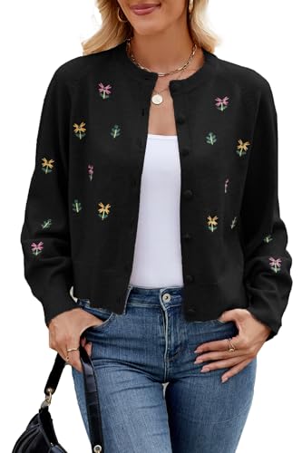 Women's Floral Cardigan Sweaters Button Down Long Sleeve Crew Neck Drop Shoulder Knit Sweater Tops