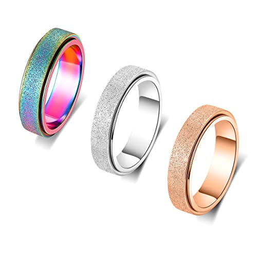 Fidget Ring Titanium Stainless Steel Anxiety Spinner Ring for Women Men Fidget Toys Adults Thumb Ring Size 7 Width 6MM 3 Colors Set Rainbow-Silver-Rose gold Sandblasted Finished