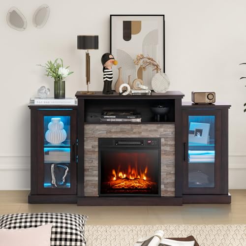 SIMOE Fireplace TV Stand for TVs up to 65'', 19'' Electric Fireplace with Mantel, Entertainment Center with 16 Color LED Lights, APP&Remote Control, Adjustable Glass Shelves for Living Room