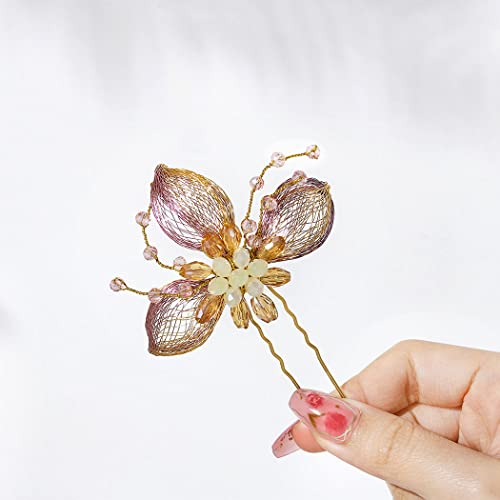 Campsis Horquillas para el pelo de flores para boda, novia, pieza de pelo floral Levf diamantes de imitación, accesorios para el cabello para novia, damas de honor, fiesta de graduación, cena