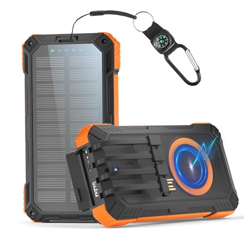 Solar Powerbank, 46800mAh 22.5w Powerbank USB C Mit Kabel Schnellladung Externe Handyakkus mit 6 Ausgängen Und 3 Eingängen, 15w Wireless Powerbank Große Kapazität Kompatibel mit iPhone, Samsung