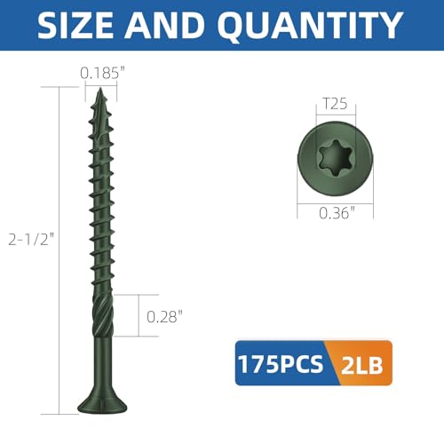 Image of #9 x 2-1 /2 inch Heavy-Duty Deck Screws - Green Long Outdoor Wood Screws, Torx Drive with T25 Bit, Rust Resistant for Wood Decking and Fence (2lb,175Pcs)
