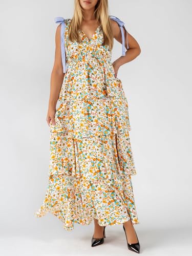 Image of Wenrine Womens Summer Floral Maxi Dress Tie Strap Sleeveless V Neck High Slit Boho Ruffle Tiered Beach Dresses