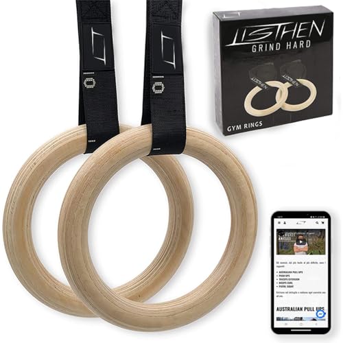LISTHEN Wooden Gymnastics and Crossfit Rings, Calisthenics Rings for Suspension Training, for Home and Outdoors, Pull-ups, Dips, Pull-ups, Bodyweight Training, 32 mm Thickness, Adjustable Straps