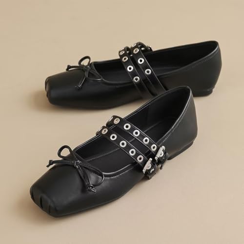 Hee grand Women's Mary Jane Flats Fashion Bowknot Square Toe Ballet Flats Comfortable Ankle Strap Flats2