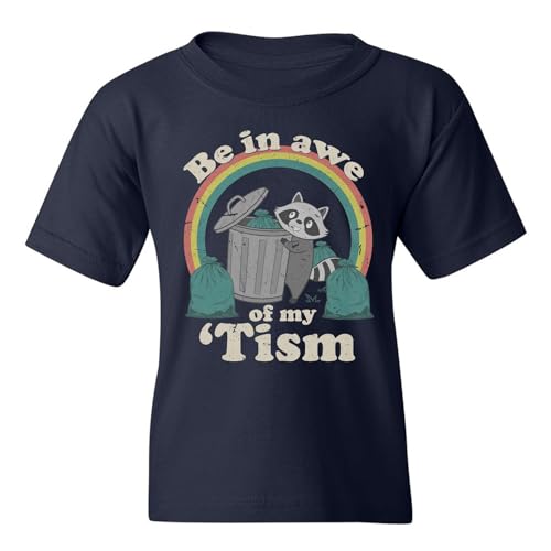 Be in Awe of My Tism - Autism Awareness Racoon Youth Unisex T-Shirt (Navy, Youth Medium)