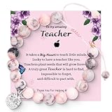 Teacher Appreciation Gifts for Women, Adjustable Natural Stone with Apple Charm Teacher Bracelet for Women Thank You Gifts for Teachers Men with Gift Message Card (Pink Zebra)