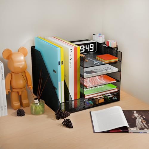 Desk Organizer with File Holder, 5-Tier Letter Paper Tray Organizer with Drawer & 2 Pen Holders, Desk Organizers and Accessories, Mesh Desktop File Organizer and Storage for Office image 1