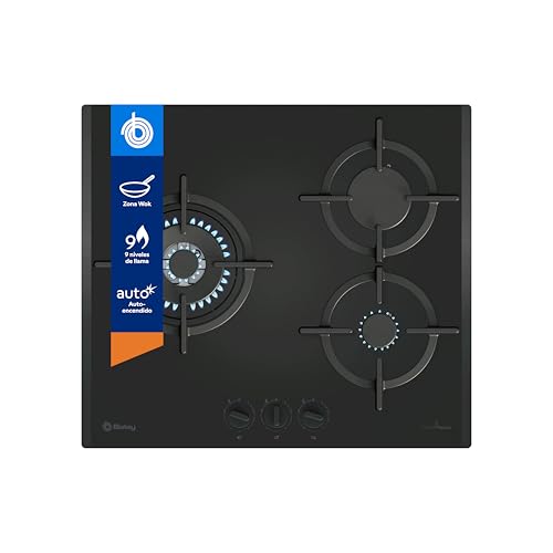 Balay - Placa de Gas, 60 cm de ancho, 3 Zonas de Cocción, Mandos extraíbles, Control de llama, Autoencendido, GasStop, negro, 3ETG663RB