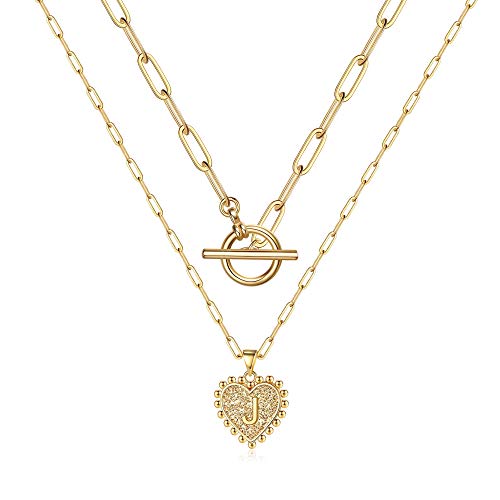 Turandoss Gold Layered Initial Necklaces for Women, 14K Gold Plated Dainty Layering Paperclip Link Chain Necklace Personalized Heart Pendant J Initial Necklaces for Women Gold Jewelry Gifts