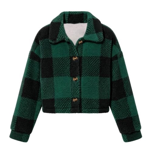 FPMLUXLL Womens Winter Coat Cropped Plaid Lapel Collar Fuzzy Sherpa Jacket - image 7