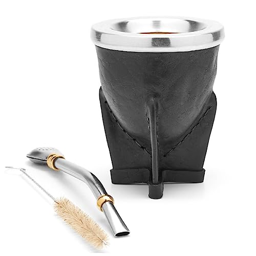 balibetov Mate Argentino - Set de Mate de Calabaza Natural Hecho a Mano - Mate de Calabaza Forrado en Cuero Vaqueta - con Bombilla (Sorbete) para Yerba Mate. (Negro)