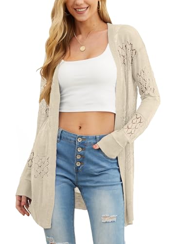 Image of GRECERELLE Lightweight Cardigan Sweaters for Women Crochet Knit Open Front Long Sleeve Loose Casual Boho Summer Beach Coverup