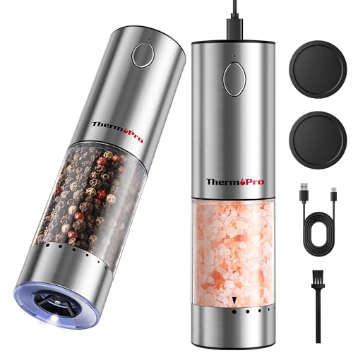 ThermoPro 110ml Electric Salt and Pepper Grinder Set Rechargeable, Automatic Pepper Grinder Shakers with External Adjustment, Refillable Pepper Mill Set with Dust Cover & LED Light, Stainless Steel