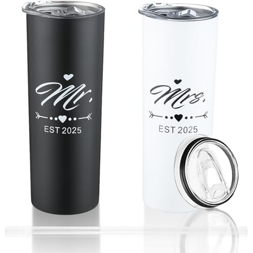 Mr and Mrs 2025 Tumbler Set, Engagement Wedding Gifts for Couples Newlyweds Wife Husband Bride to Be Newly Engaged 20oz Travel Tumbler Bachelorette Party Gifts