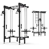 Folding Squat Rack, Wall Mounted Power Rack with Cable Crossover Machine & LAT Pull Down Multi-Function Space-Saving Power Cage with 7 Adjustable Modes/Dual Pulley System/Pull-up Bar/360°Landmine