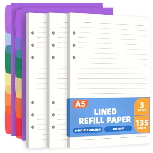 Recharge papier ligné A5 à 6 trous Antner | 135 feuilles larges et 12 intercalaires pour grand carnet