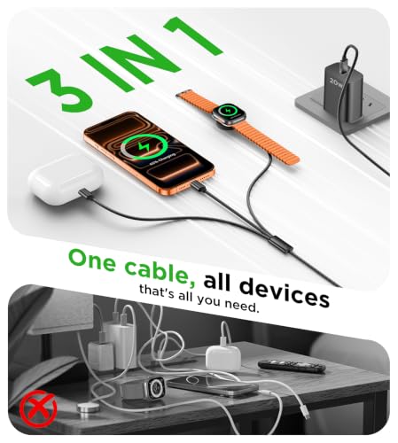 Image of Travel Essentials Multi Charging Cable with 20W Charger Block | 3 in 1 Type C /Lightning /Magnetic Charging Cable for Apple Watch Charger,iPhone Charger,Cruise Vacation Camping Essentials-4FT