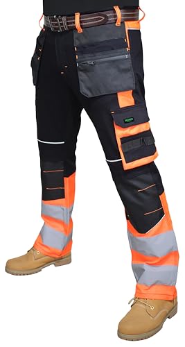 HASHOOB TRADING FZE Herren-Arbeitshose mit reflektierendem Band, hohe Sichtbarkeit, mehrere Taschen, Orange, 32 W/34 L