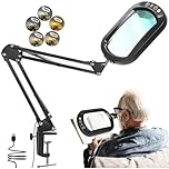 10X Square Magnifying Glass with Light and Clamp, Real Glass LED Lighted Magnifier and Stand, 5 Color Modes Stepless Dimmable, Hands-Free Desk Lamp with Clamp for Reading Craft Hobby Close Work -Black