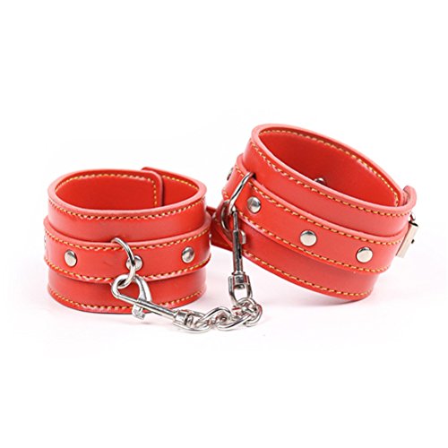 chenyesun PU Leather Handcuffs Chain Red Wrist Handcuffs Adjustable Leash Chain Detachable Handcuffs Cosplay for Women Men