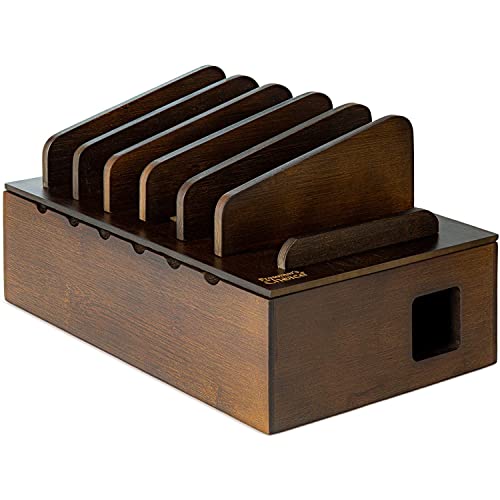 Prosumer's Choice Natural Bamboo Charging Station Rack for Smartphones and Tablets | Simple All-in-one Organizer, with Removable Dividers, Perfect to Work from Home - Dark Bown
