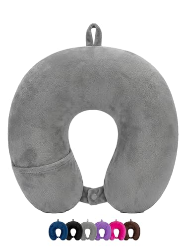 Image of Ultra Soft Premium Travel Neck Pillow with Hanging Loop Snap Button Closure for Home Office and Airplane Flight, Bus, Car, Train Travelling Use [Grey] (Pack of 1)