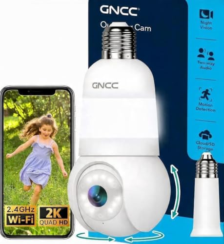 GNCC 2K Light Bulb Security Camera, 2.4G WiFi Outdoor Camera (1-Pack)