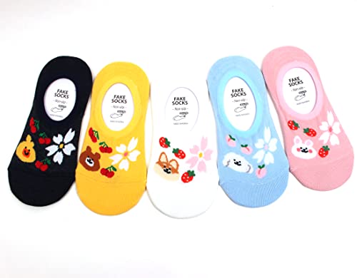 WOWFOOT Women Animal Design No-Show Casual Liner Socks Character Print Non Slip Flat Boat Line 4 Pair (5pair-Picnic II) - Thumbnail 2