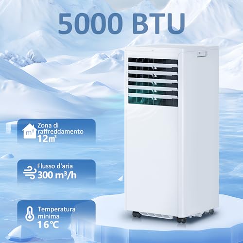 Homcom Condizionatore Portatile 5000BTU/H, 1.5Kw 4 In 1 Climatizzatore Portatile Classe A, Raffreddamento, Deumidificazione, Ventilatore, Modalità Sleep, Telecomando, Display, Timer24H, Copertura 12M² - 3