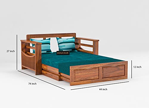 Image of Douceur Furnitures Solid Sheesham Wood Wooden Frame Two 2 Seater Sofa Cum Bed for Living Room,Hotels,Apartment & Hall | Finish:-Honey Teak | Cushion:-Teal-Green