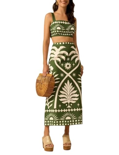THLAI Women 2 Piece Midi Skirt Sets Tropical Print Crop
