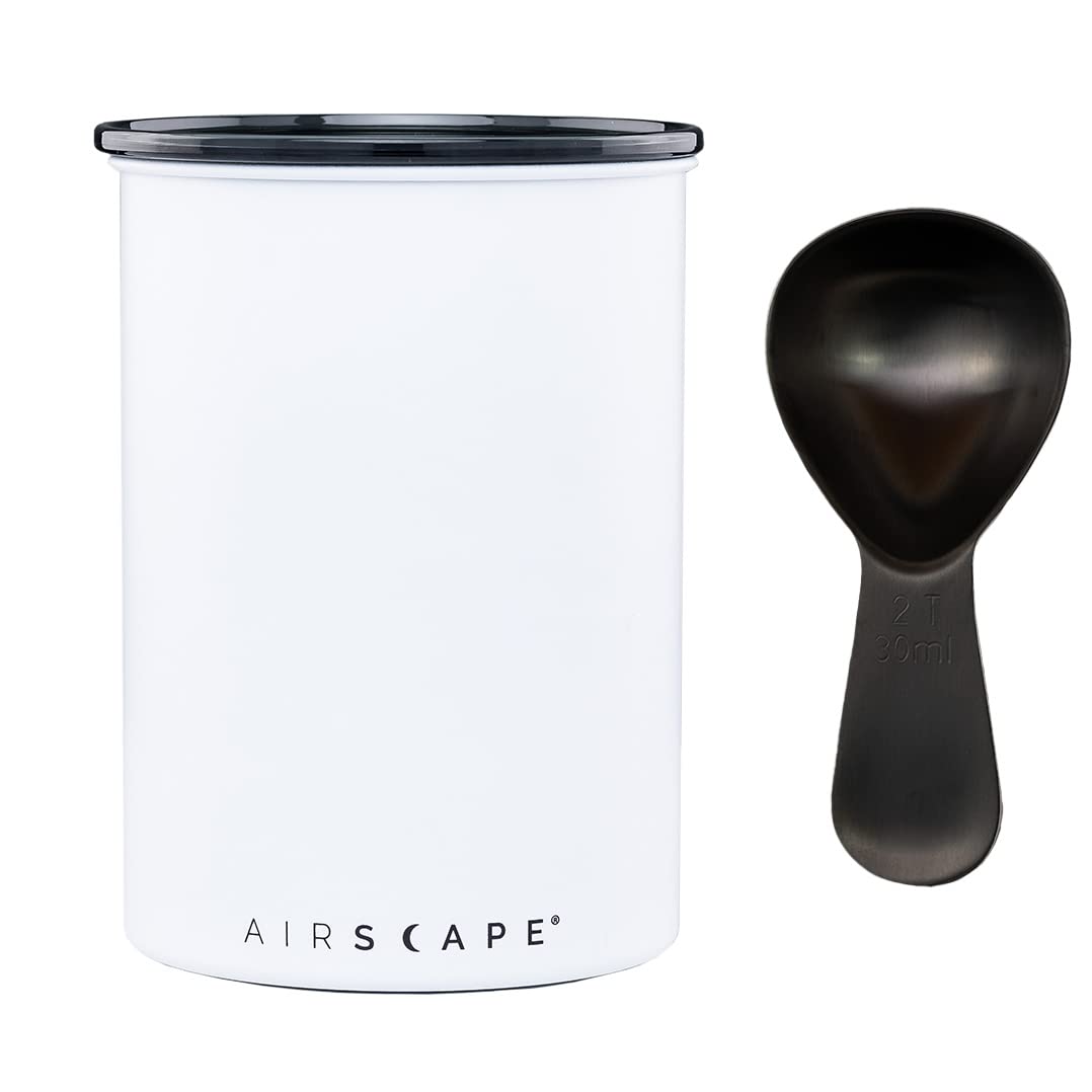 Airscape Stainless Steel Coffee Canister & Scoop Bundle | Dry Goods Storage by Planetary Design – Medium, 500 milliliters, Stainless Steel, White