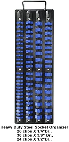 CASOMAN 80-Piece Heavy Duty Socket Organizer Tray, 1/4-Inch, 3/8-Inch, 1/2-Inch,Premium Quality Socket Holders,Black Rails with Blue Clips, Best Unique Tool Gift for Men