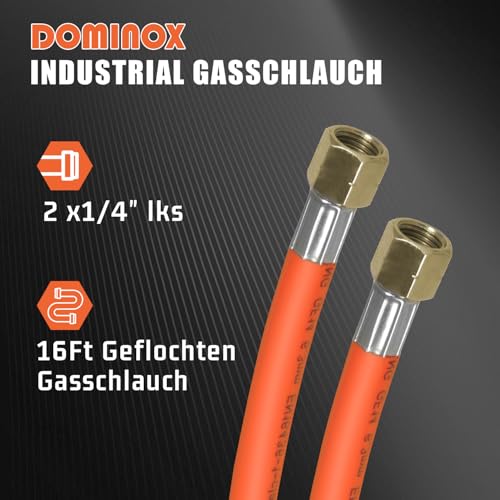 DOMINOX Industrial Gasschlauch 500cm mit Schelle 2×1/4\ lks，Propan/Butan Gasschlauch 5m G1/4'' x G1/4'