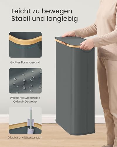 SONGMICS Wäschekorb mit Deckel, Wäschesammler schmal, Oxford-Gewebe, zusammenklappbar, Bambusrahmen, für Waschküche, Schlafzimmer, Wohnzimmer, 70 L, 42 x 22,5 x 70,5 cm, schiefergrau LCB517GN01