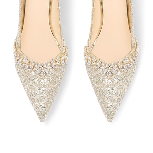 XYD Women Crystals Bejeweled Wedding Pumps Closed Pointed Toe Mid Heels Slip-ons Prom Evening Bridal Shoes2