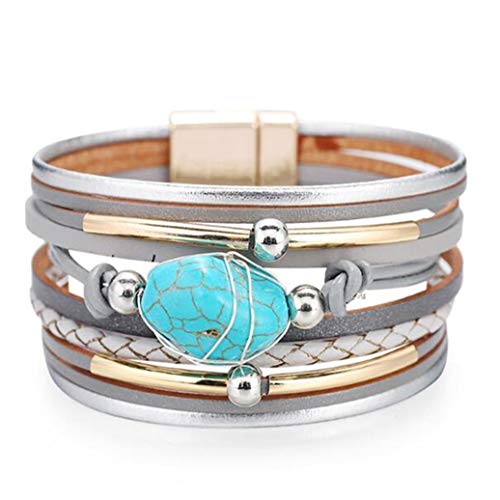 JKLBNM Bracelets en Cuir Multilayer Turquoise Perles Wrap Bracelets Boho Exquis Ethnique Style Bracelets Femmes Bijoux,Gris Cover