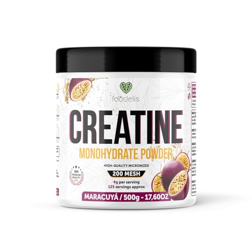 Foodelis Creatina Monohidratada en Polvo 500 g – Sabor Maracuyá – 100% Creatina Micronizada – Alta Pureza – Sin Aditivos – Vegana – Alta Solubilidad – Incluye Dosificador