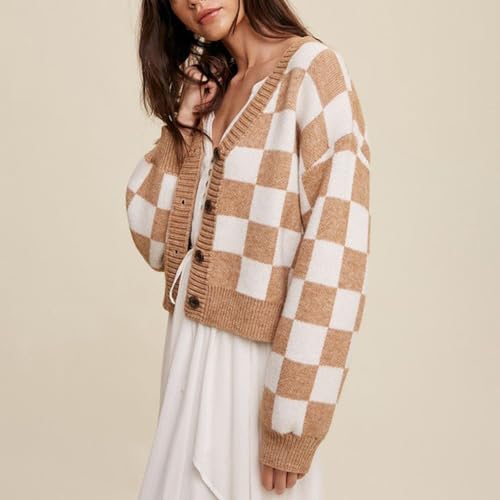 Womens Checkered Crop Cardigan V Neck Long Sleeve Button Down Knit Sweater Casual Streetwear3