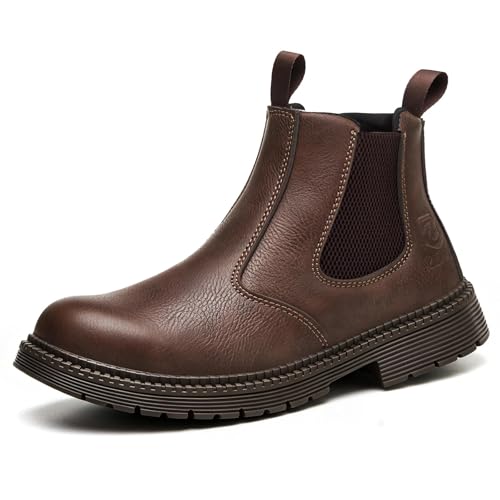 ZBVB Steel Toe Boots for Men Women, Slip On Work Boots Mens, Waterproof Steel Toe Chelsea Boot Womens Ideal for Construction Outdoor Industry Welding, Rustic Brown, Men Size 11 & Women 12.5