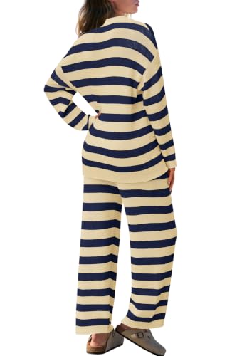 Image of SENSERISE Womens Striped Set Sweater Lounge Sets | Pajamas Set, Loungewear Set, Oversized Knit Sweater, Wide Leg Pants with Pockets, Fall Outfits, Pants Set