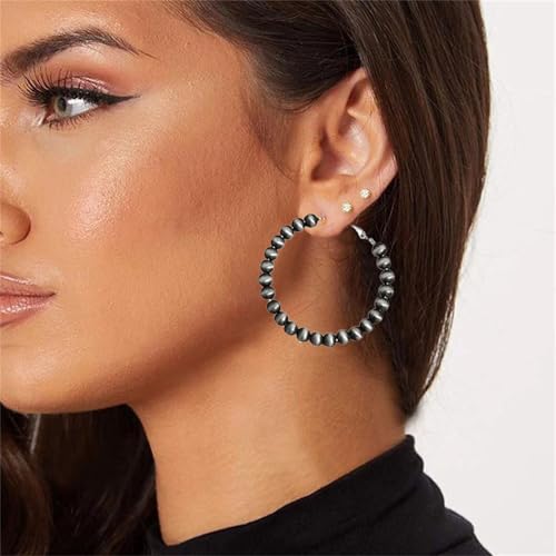 Dreuyet 3 Pairs Western Navajo Hoop Pearl Earrings for Women Vintage Cowgirl Beaded Pearl Earrings Tribe Western Bohemian3