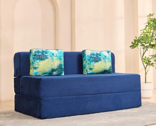 Image of uberlyfe Xtra High, Xtra Soft 3 Seater (5' x 6') Sofa Cum Bed | 1 Year Warranty | 17 inch Sofa Height | Queen Size Foldable Bed | Plush Laser Quilted Fabric |2 Cushions Ocean Hues Pattern| Deep Blue Color